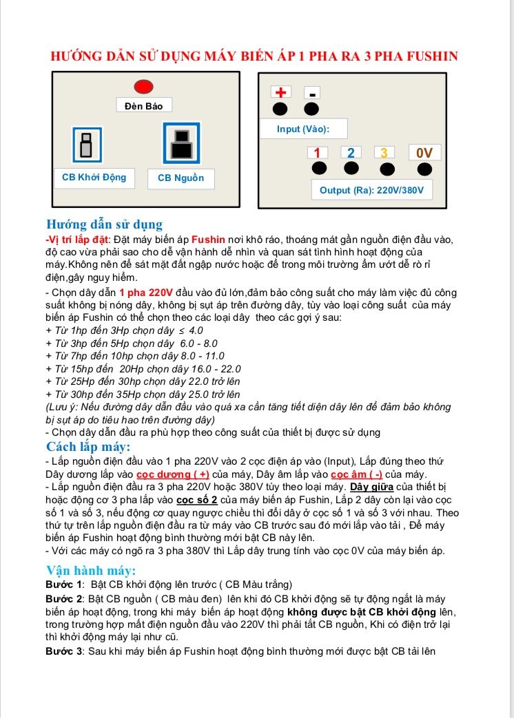 Hướng dẫn sử dụng biến áp 1Pha 220V ra 3Pha 220V, 3Pha 380V Fushin